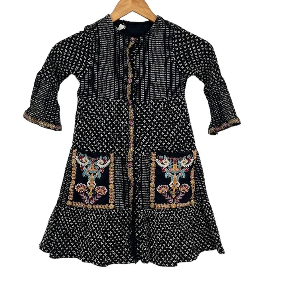 Zara Kidsโ Black Batik Floral Print Button Front Dress Girls 9 Long Sleeve